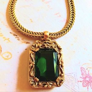 Vintage Judy Lee Petite Goldtone & Faux Emerald Victorian Revival Pendant